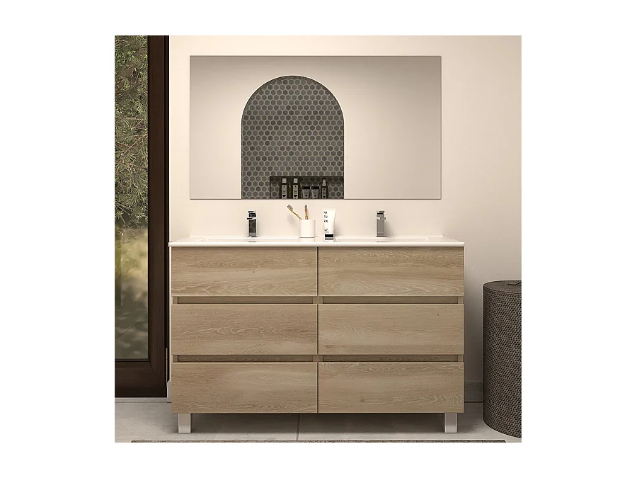 Meuble de salle de bain 120cm double vasque - 6 tiroirs - nebraska (bois clair) - MAYOR