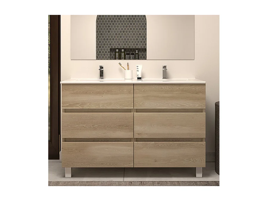 Meuble de salle de bain 120cm double vasque - 6 tiroirs - nebraska (bois clair) - MAYOR