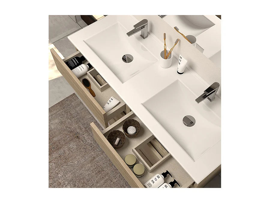 Meuble de salle de bain 120cm double vasque - 6 tiroirs - nebraska (bois clair) - MAYOR