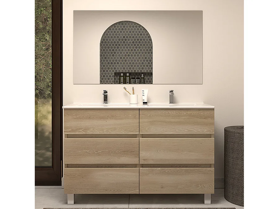 Meuble de salle de bain 120cm double vasque - 6 tiroirs - nebraska (bois clair) - MAYOR