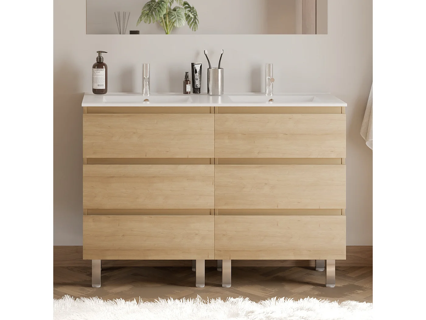 Meuble de salle de bain 120cm double vasque - 6 tiroirs - nebraska (bois clair) - MAYOR