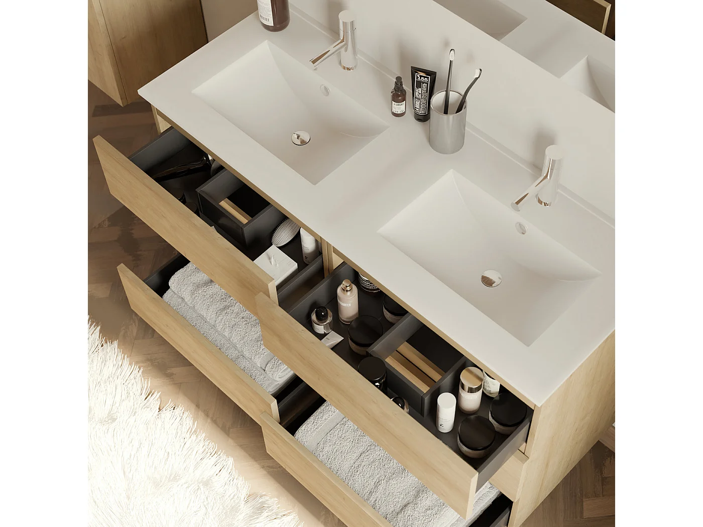 Meuble de salle de bain 120cm double vasque - 6 tiroirs - nebraska (bois clair) - MAYOR