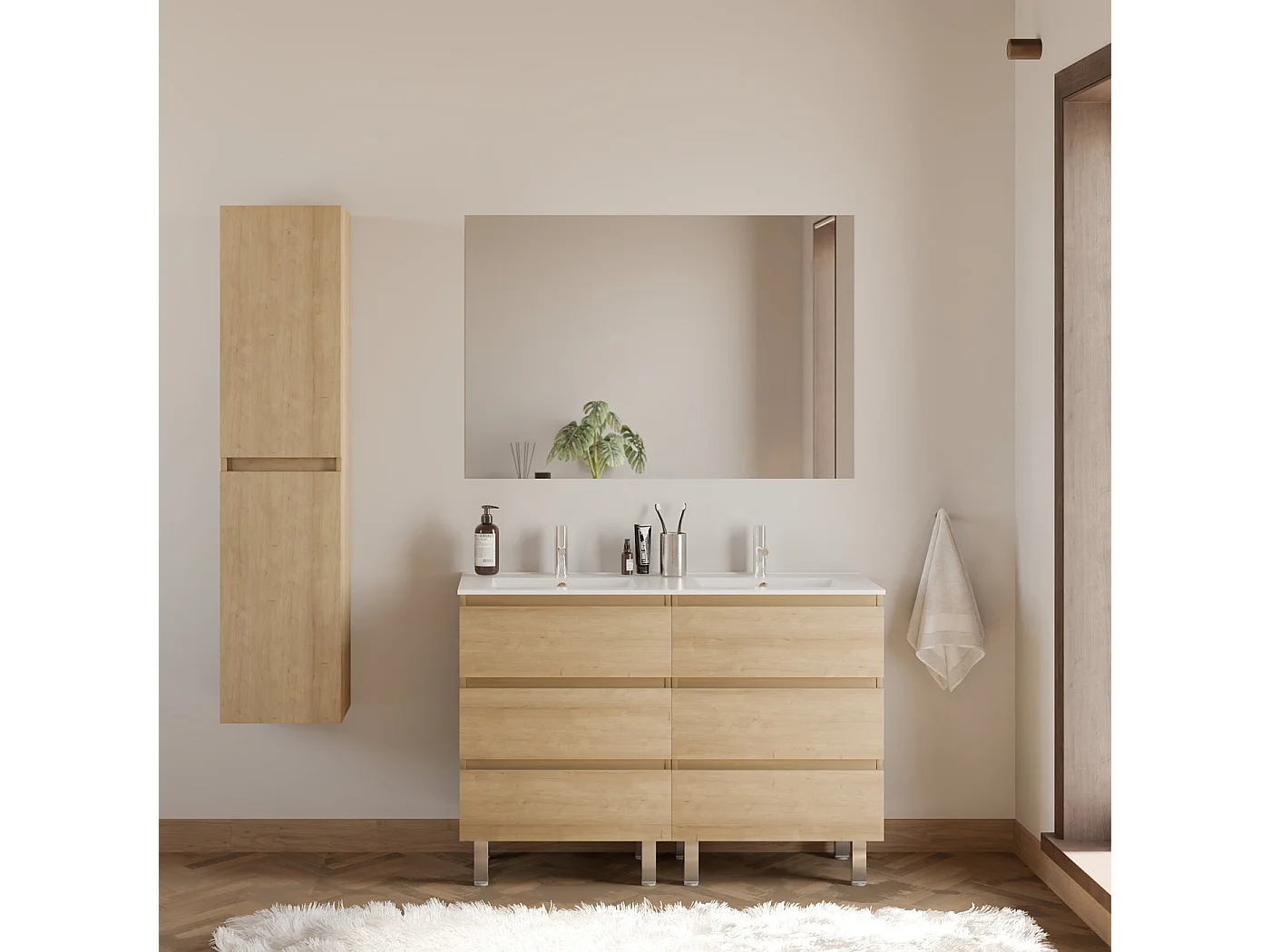 Meuble de salle de bain 120cm double vasque - 6 tiroirs - nebraska (bois clair) - MAYOR
