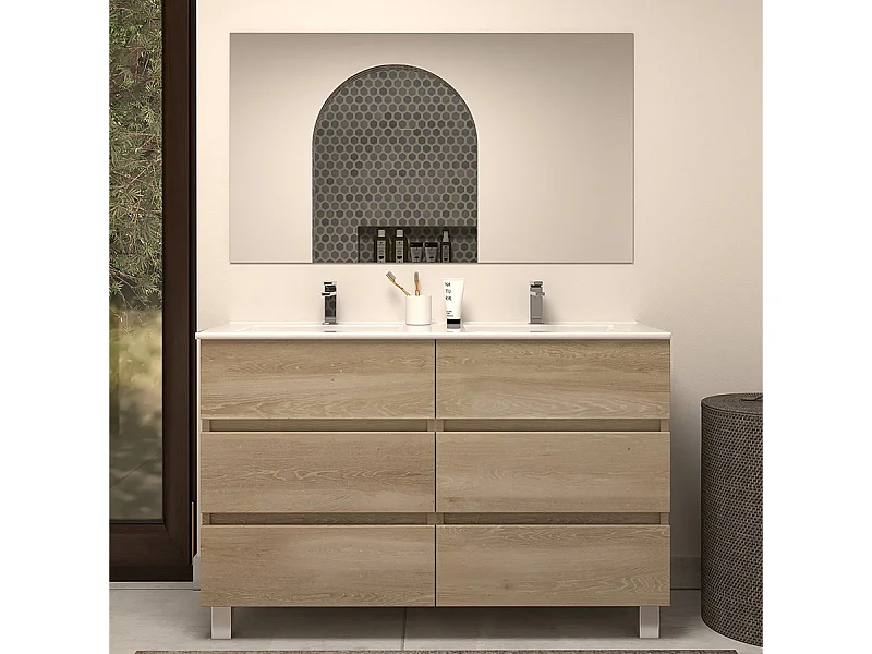 Meuble de salle de bain 120cm double vasque - 6 tiroirs - nebraska (bois clair) - MAYOR