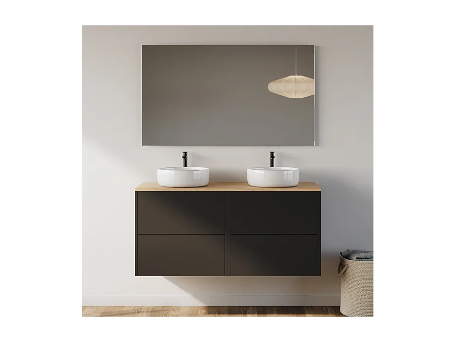 Meuble de salle de bain 120cm avec vasque à poser ronde - 4 tiroirs - noir - MONA