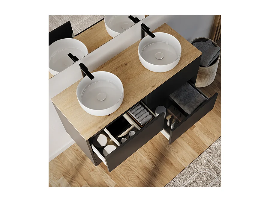 Meuble de salle de bain 120cm avec vasque à poser ronde - 4 tiroirs - noir - MONA