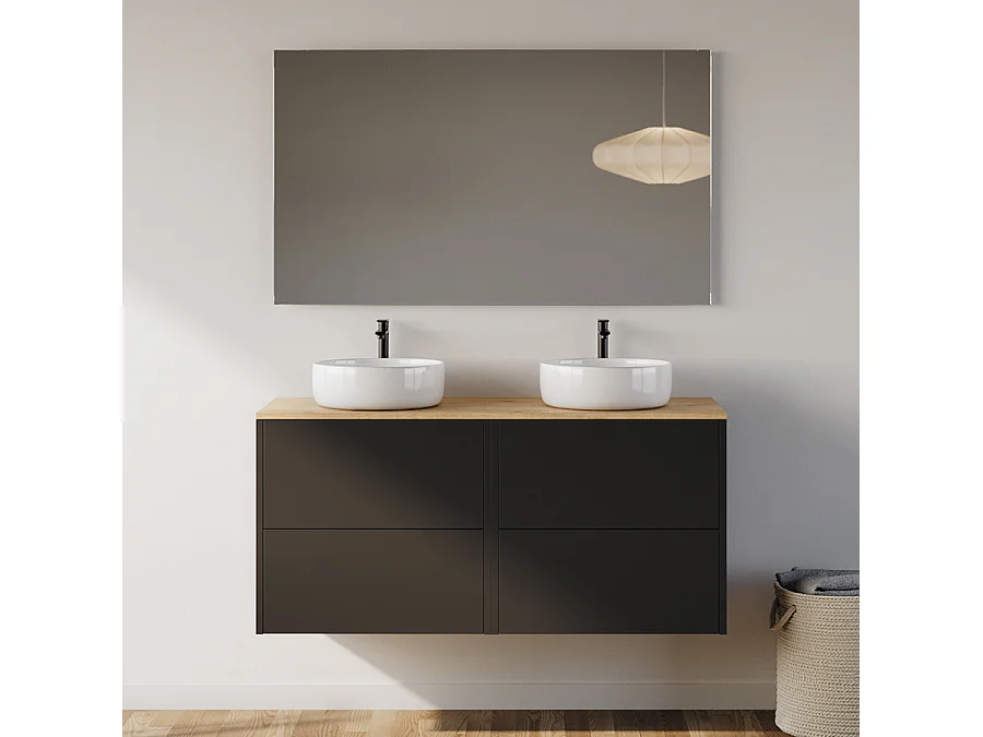 Meuble de salle de bain 120cm avec vasque à poser ronde - 4 tiroirs - noir - MONA