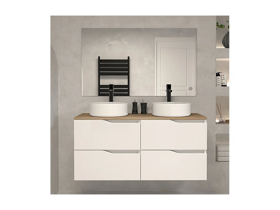 Meuble de salle de bain 120 avec plateau miel et vasque à poser - 4 tiroirs - blanc - LUNA