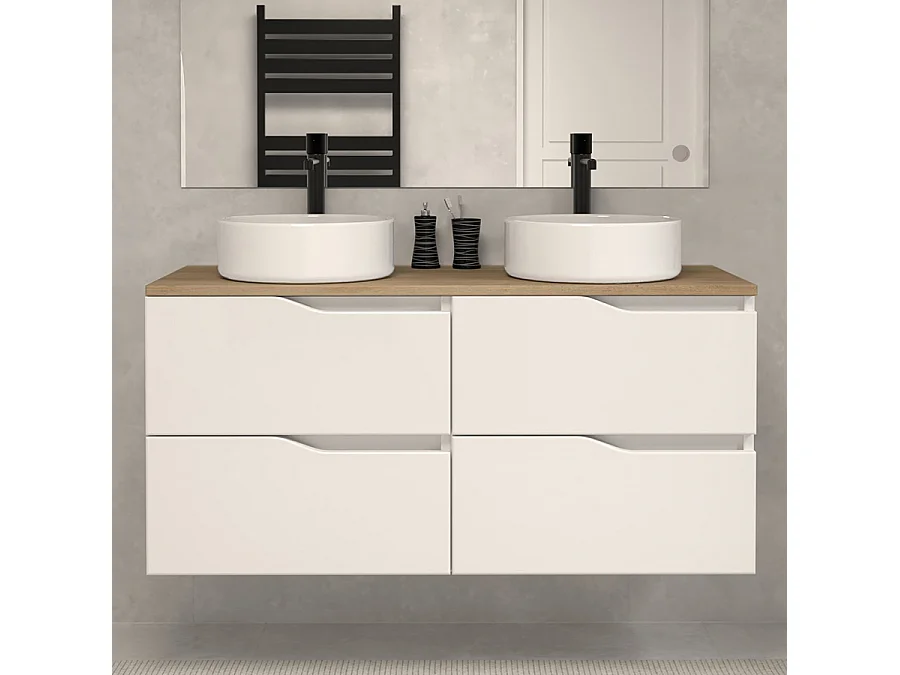 Meuble de salle de bain 120 avec plateau miel et vasque à poser - 4 tiroirs - blanc - LUNA