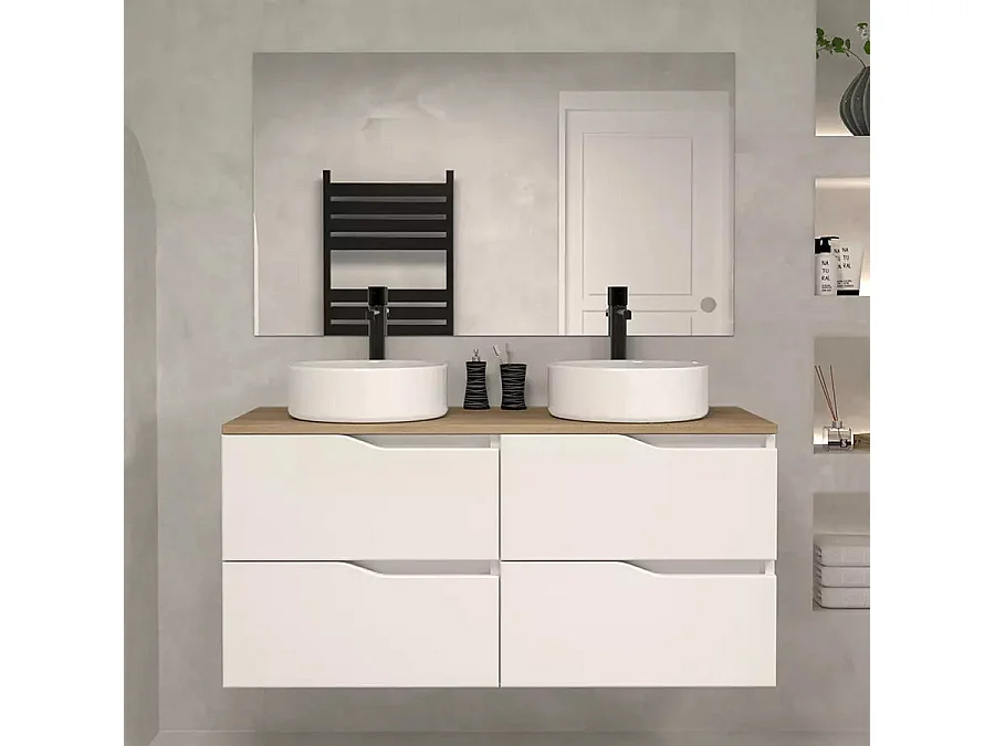 Meuble de salle de bain 120 avec plateau miel et vasque à poser - 4 tiroirs - blanc - LUNA