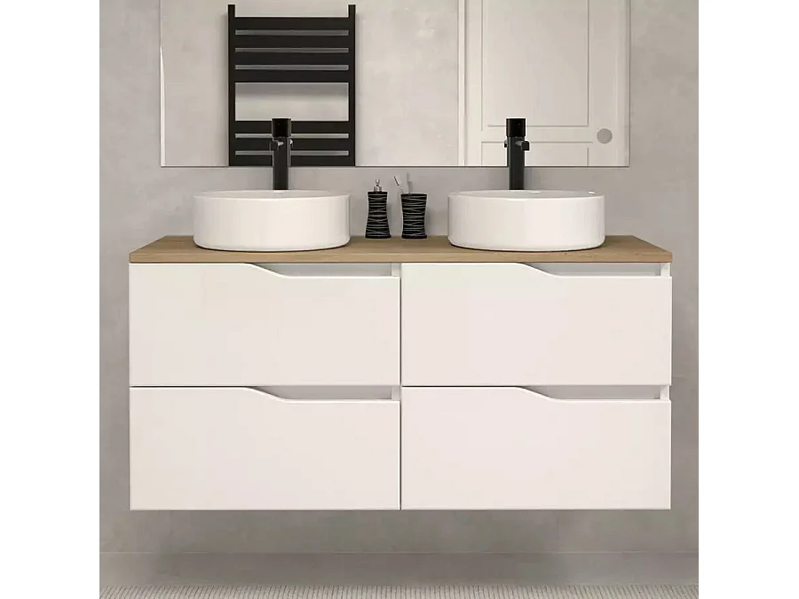 Meuble de salle de bain 120 avec plateau miel et vasque à poser - 4 tiroirs - blanc - LUNA