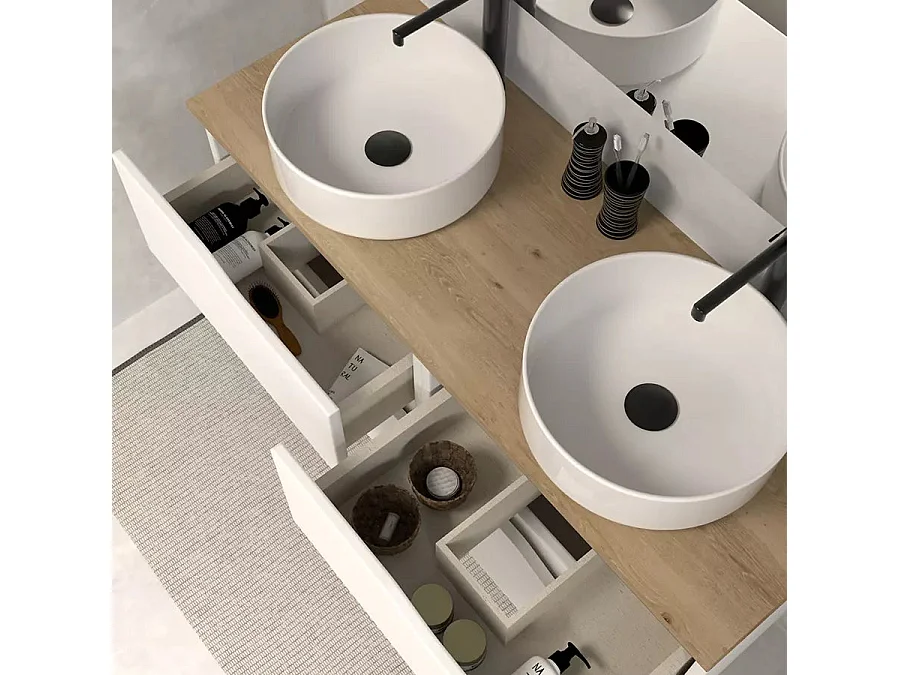 Meuble de salle de bain 120 avec plateau miel et vasque à poser - 4 tiroirs - blanc - LUNA