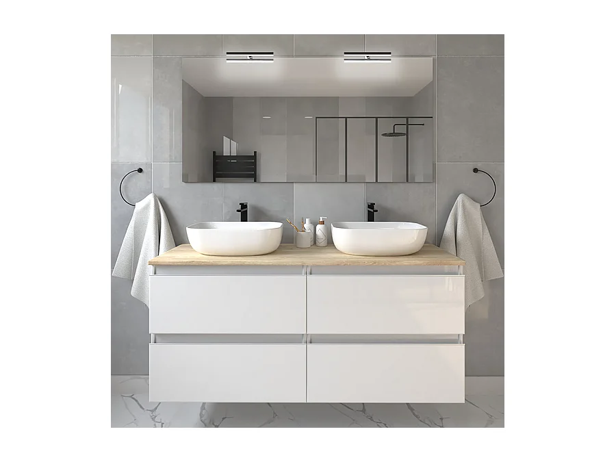 Meuble de salle de bain avec vasques à bords arrondies BALEA et miroir avec appliques - Blanc - 120cm