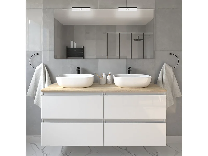 Meuble de salle de bain avec vasques à bords arrondies BALEA et miroir avec appliques - Blanc - 120cm