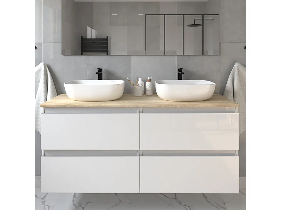 Meuble de salle de bain sans miroir avec vasques à poser arrondie BALEA - Blanc - 120cm
