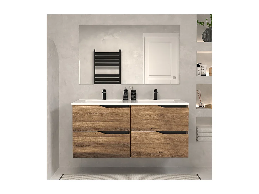 Meuble de salle de bain 140cm double vasque - 4 tiroirs - tabaco (bois foncé) - LUNA