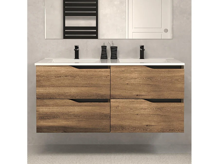 Meuble de salle de bain 140cm double vasque - 4 tiroirs - tabaco (bois foncé) - LUNA