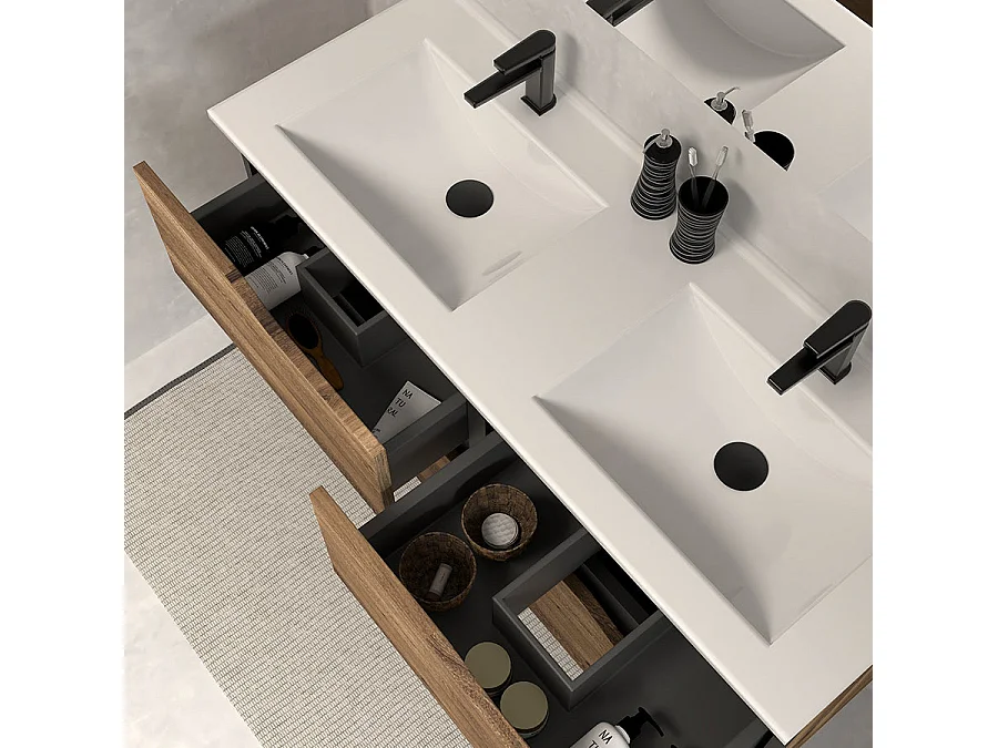 Meuble de salle de bain 140cm double vasque - 4 tiroirs - tabaco (bois foncé) - LUNA
