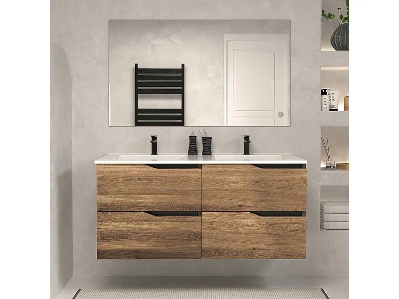 Meuble de salle de bain 140cm double vasque - 4 tiroirs - tabaco (bois foncé) - LUNA