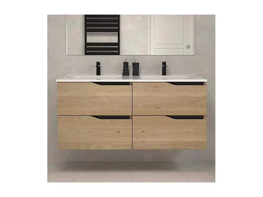 Meuble de salle de bain 140cm double vasque - 4 tiroirs - sans miroir - madera miel (bois clair) - LUNA