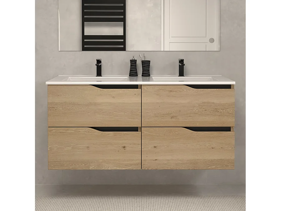 Meuble de salle de bain 140cm double vasque - 4 tiroirs - sans miroir - madera miel (bois clair) - LUNA