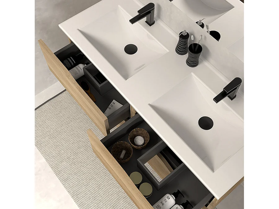 Meuble de salle de bain 140cm double vasque - 4 tiroirs - sans miroir - madera miel (bois clair) - LUNA