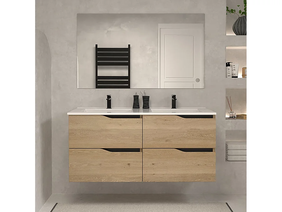 Meuble de salle de bain 140cm double vasque - 4 tiroirs - sans miroir - madera miel (bois clair) - LUNA