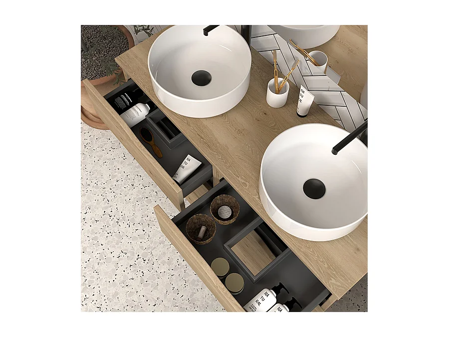 Meuble de salle de bain 120 avec plateau et 2 vasques à poser - 6 tiroirs - madera miel (bois clair) - MATA