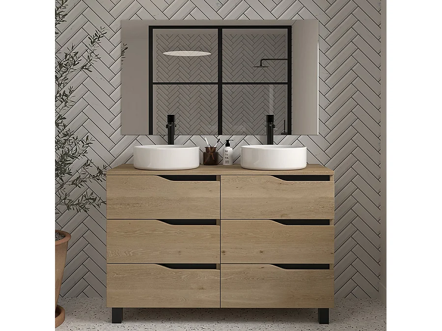 Meuble de salle de bain 120 avec plateau et 2 vasques à poser - 6 tiroirs - madera miel (bois clair) - MATA