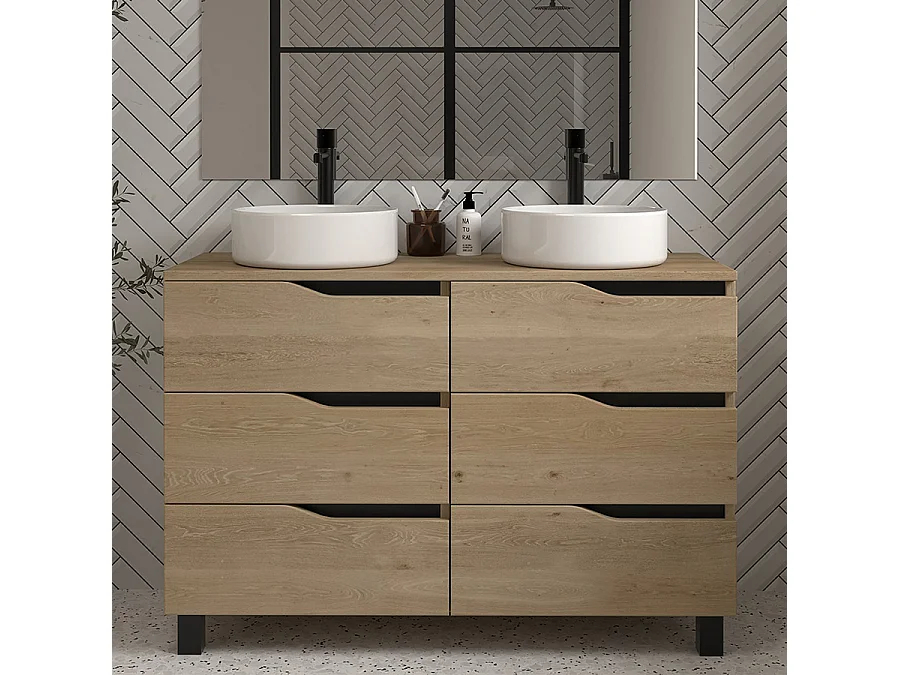 Meuble de salle de bain 120 avec plateau et 2 vasques à poser - 6 tiroirs - madera miel (bois clair) - MATA