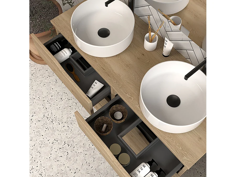 Meuble de salle de bain 120 avec plateau et 2 vasques à poser - 6 tiroirs - madera miel (bois clair) - MATA