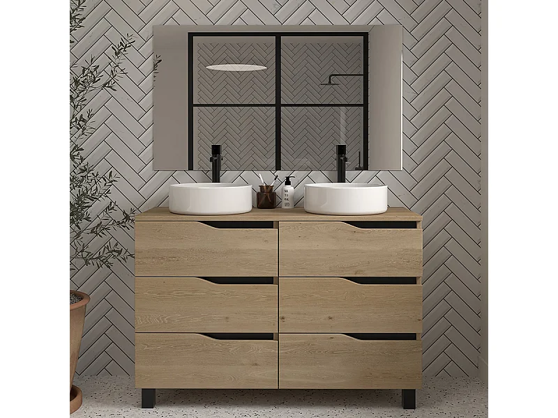 Meuble de salle de bain 120 avec plateau et 2 vasques à poser - 6 tiroirs - madera miel (bois clair) - MATA