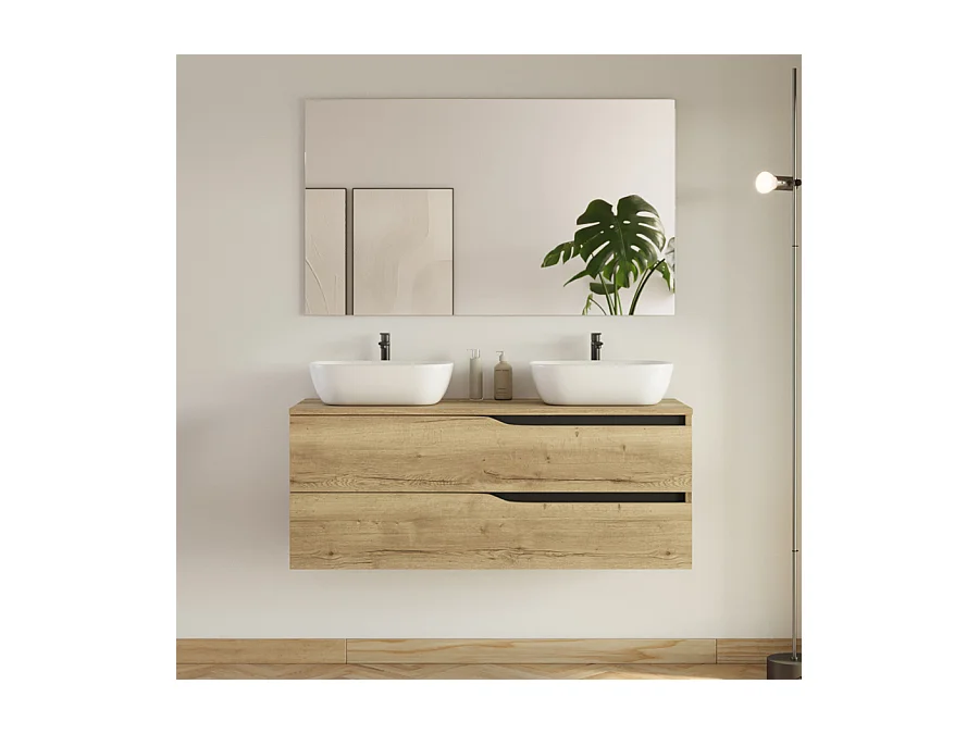 Meuble de salle de bain 120cm avec plateau et 2 vasques à poser Zeus - 2 tiroirs - madera miel (bois clair) - LUNA