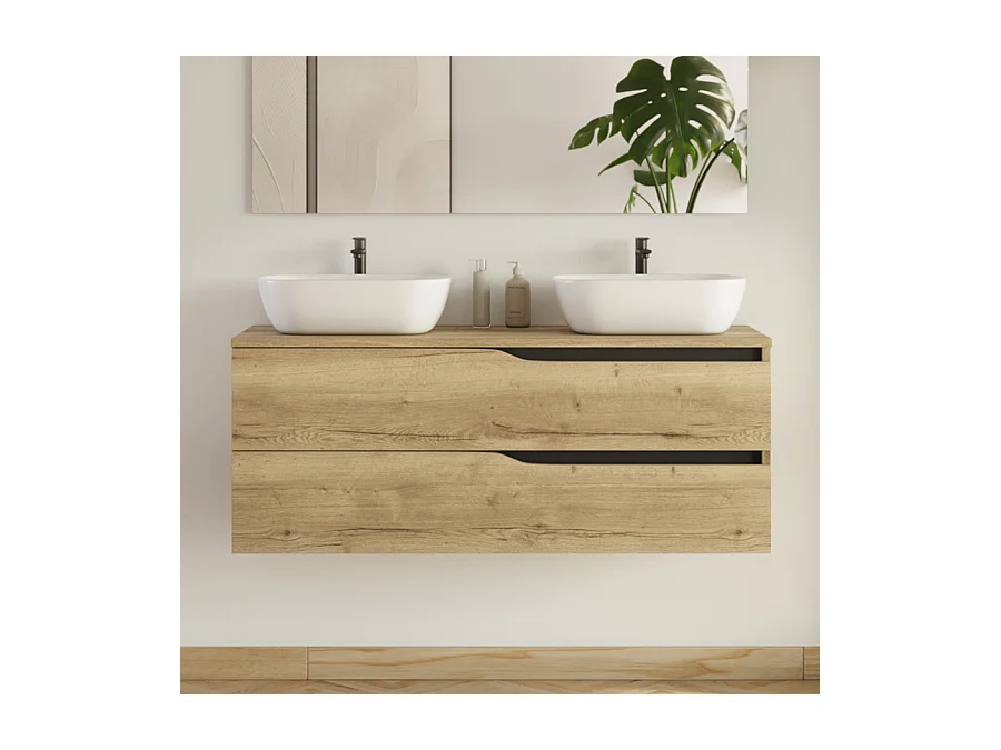 Meuble de salle de bain 120cm avec plateau et 2 vasques à poser Zeus - 2 tiroirs - madera miel (bois clair) - LUNA