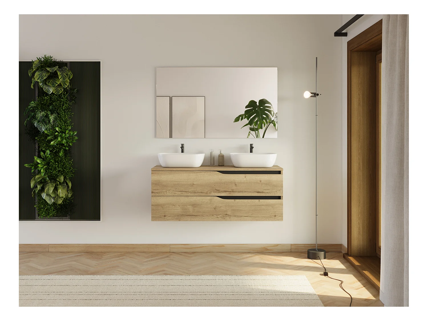 Meuble de salle de bain 120cm avec plateau et 2 vasques à poser Zeus - 2 tiroirs - madera miel (bois clair) - LUNA