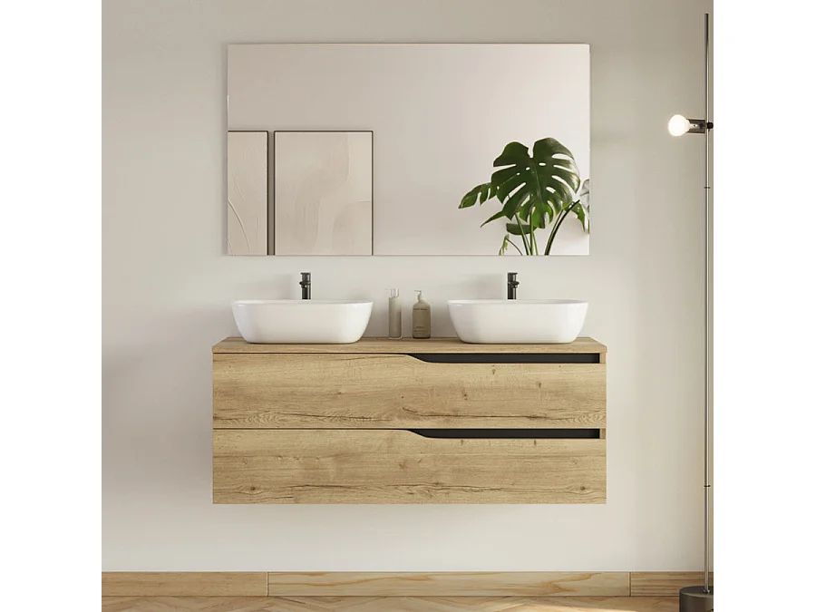 Meuble de salle de bain 120cm avec plateau et 2 vasques à poser Zeus - 2 tiroirs - madera miel (bois clair) - LUNA