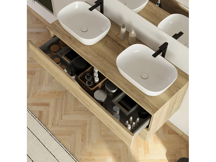 Meuble de salle de bain 120cm avec plateau et 2 vasques à poser Zeus - 2 tiroirs - madera miel (bois clair) - LUNA