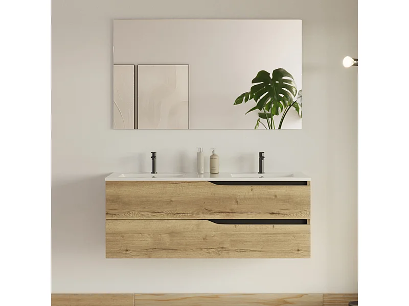 Meuble de salle de bain 120cm avec plan double vasque - 2 tiroirs - madera miel (bois clair) - LUNA