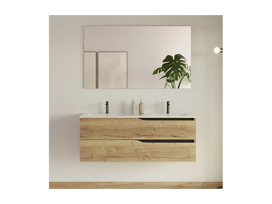 Meuble de salle de bain 120cm avec plan double vasque - 2 tiroirs - madera miel (bois clair) - LUNA