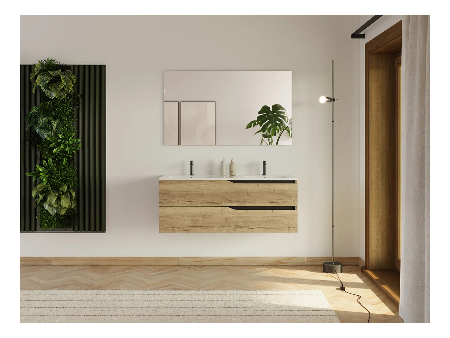 Meuble de salle de bain 120cm avec plan double vasque - 2 tiroirs - madera miel (bois clair) - LUNA