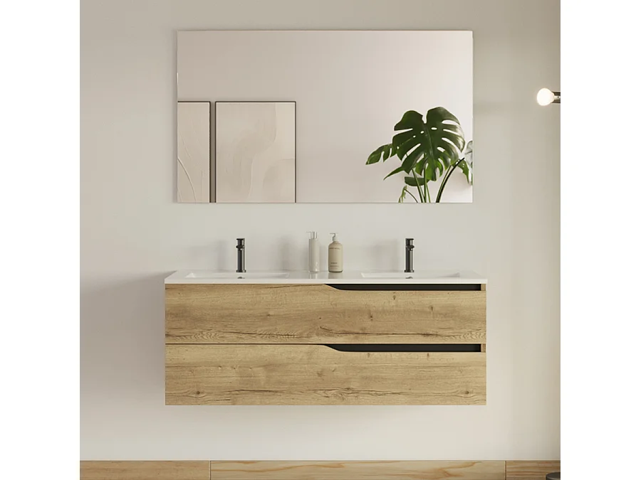 Meuble de salle de bain 120cm avec plan double vasque - 2 tiroirs - madera miel (bois clair) - LUNA