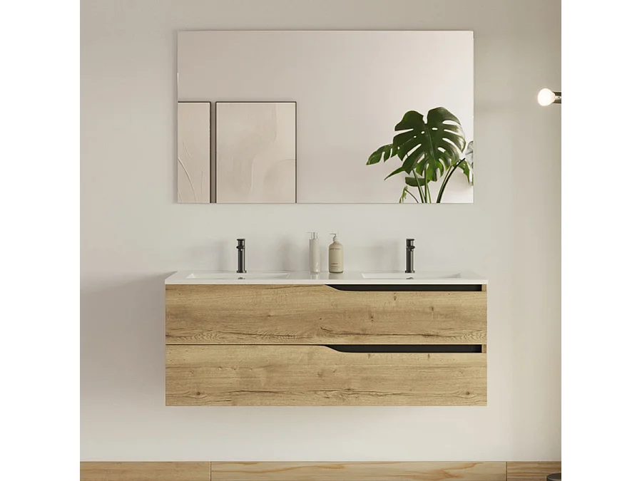 Meuble de salle de bain 120cm avec plan double vasque - 2 tiroirs - madera miel (bois clair) - LUNA