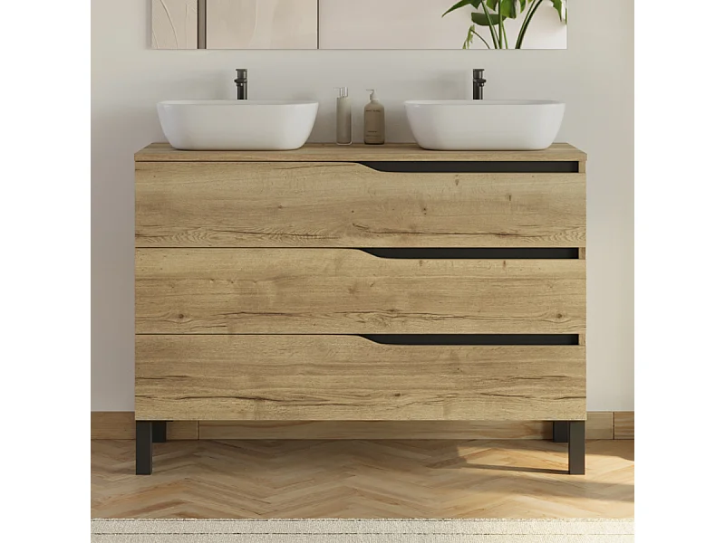 Meuble de salle de bain 120cm avec plateau et 2 vasques à poser Zeus - 3 tiroirs - sans miroir - madera miel (bois clair) - MATA