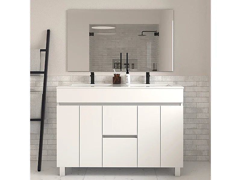 Meuble de salle de bain 120cm double vasque sur pieds avec portes et tiroirs - blanc - HARO