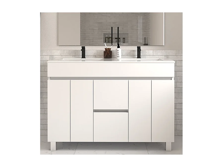 Meuble de salle de bain 120cm double vasque sur pieds avec portes et tiroirs - blanc - HARO
