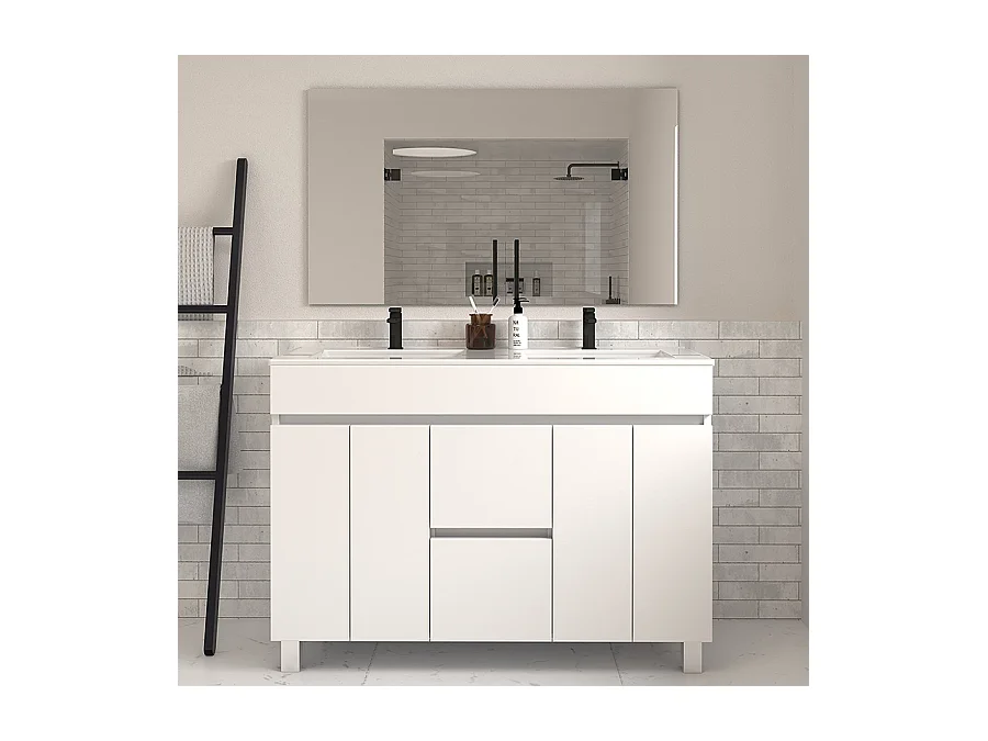 Meuble de salle de bain 120cm double vasque sur pieds avec portes et tiroirs - blanc - HARO