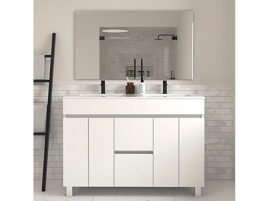 Meuble de salle de bain 120cm double vasque sur pieds avec portes et tiroirs - blanc - HARO