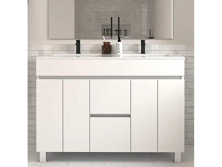 Meuble de salle de bain 120cm double vasque sur pieds avec portes et tiroirs - blanc - HARO