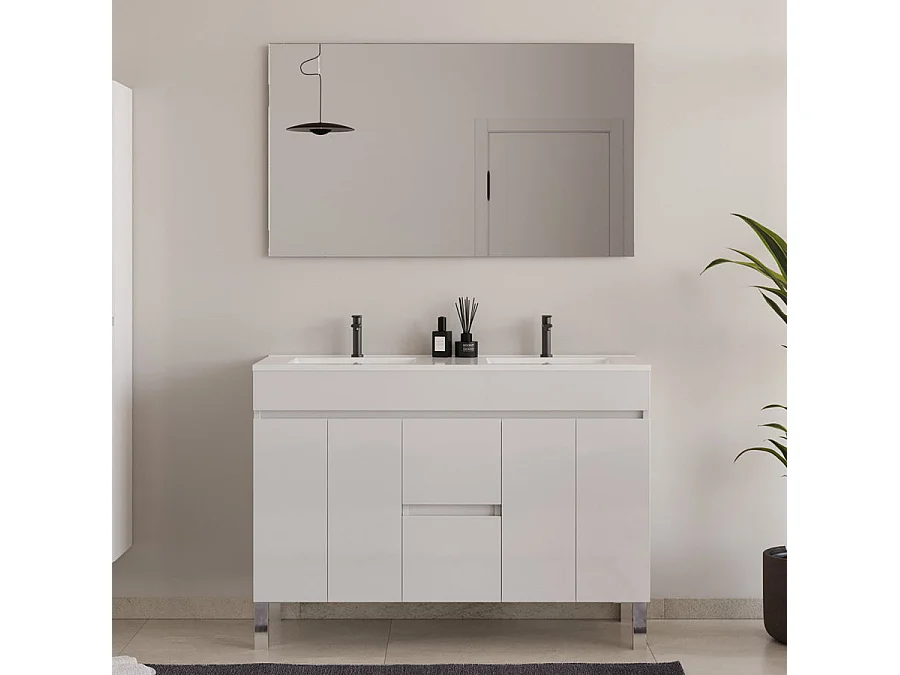 Meuble de salle de bain 120cm double vasque sur pieds avec portes et tiroirs - blanc - HARO