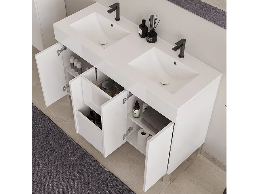Meuble de salle de bain 120cm double vasque sur pieds avec portes et tiroirs - blanc - HARO